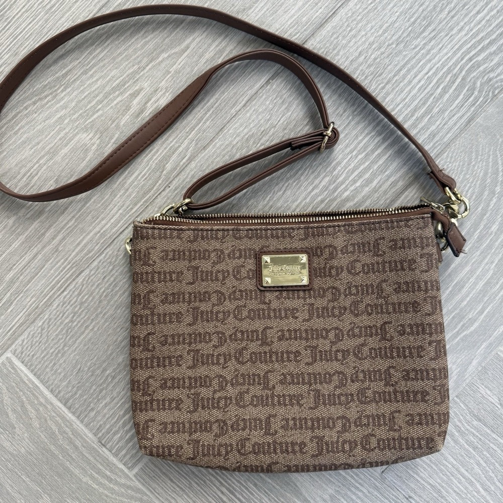 Juicy Couture Brown Logo Faux Leather Chain Crossbody Purse - Zipper Gets Stuck